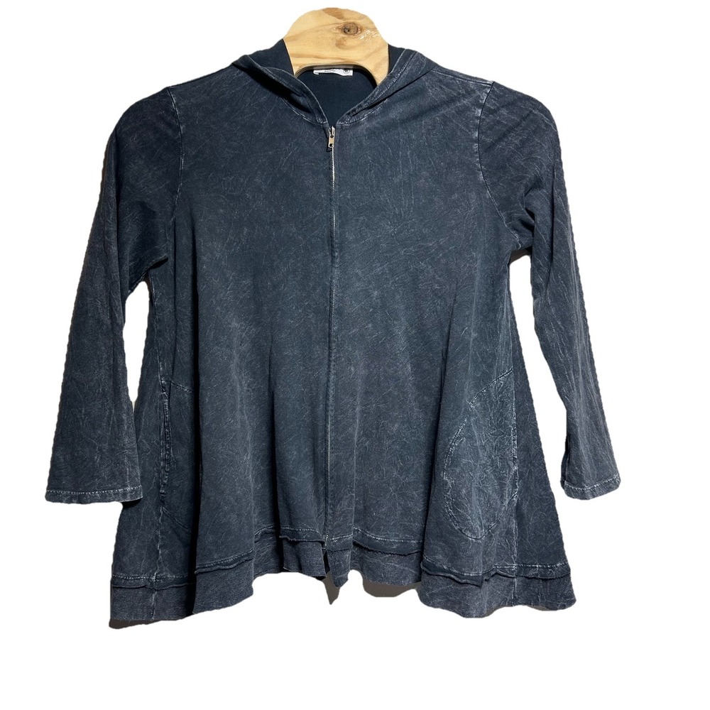 Jess & Jane Sweater Sz‎ XL Black Acid Wash Flowy Relaxed Lagenlook Full Zip Hood
